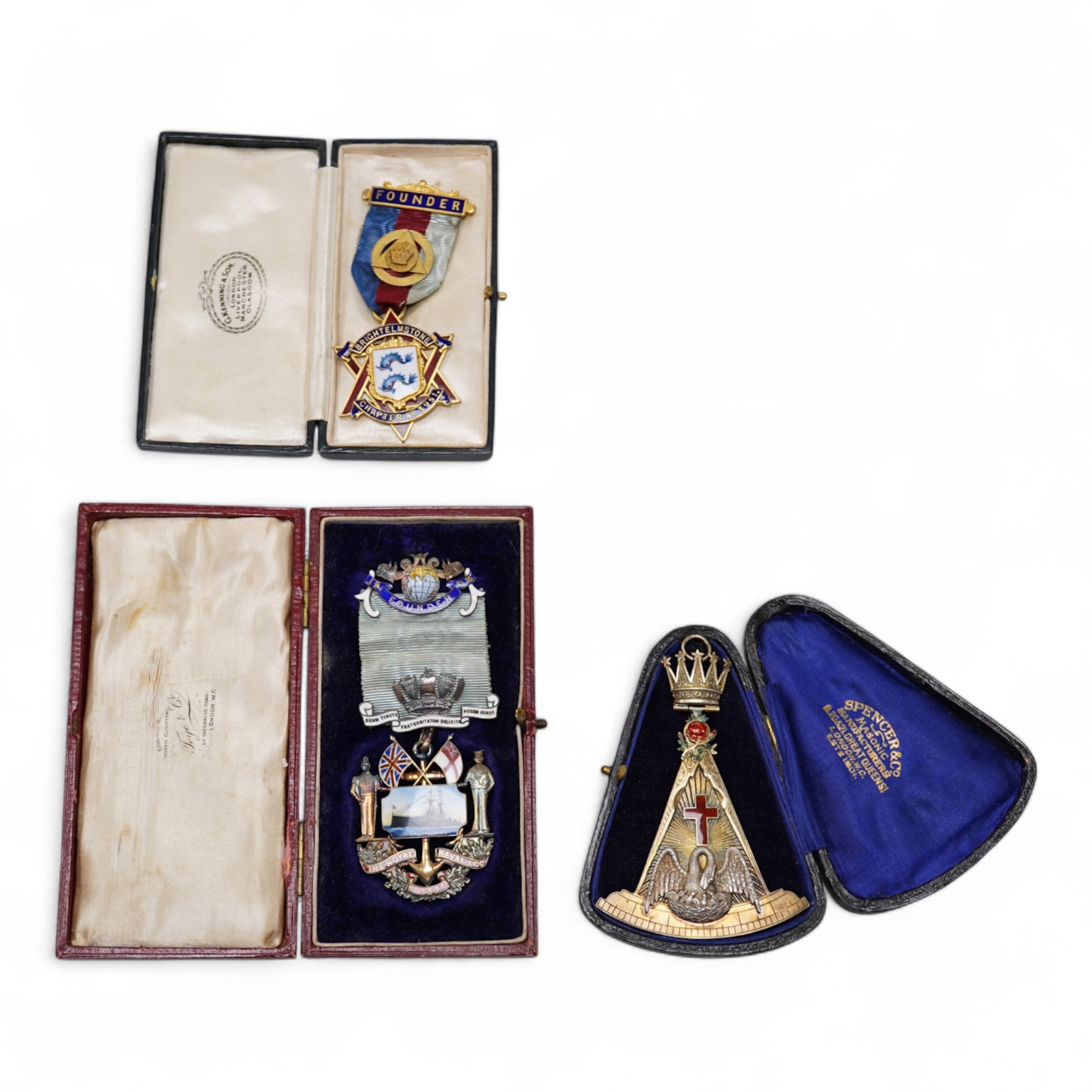 Three Masonic interest medallions / medals, each with enamelled decoration to include a silver gilt example for the Royal Naval Lodge, each cased